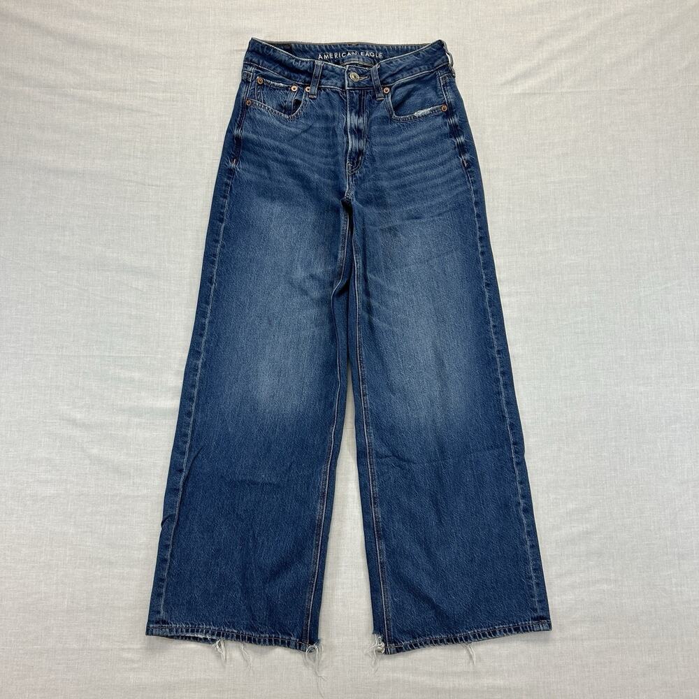 American Eagle Super High Rise Baggy Wide Leg Ankle Jeans Womens 00 Blue Stretch